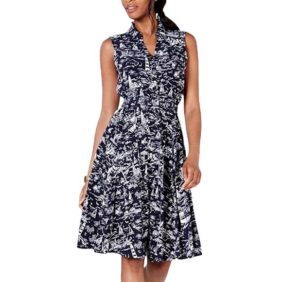 Charter Club Dresses & Skirts - Charter Club Womens A Line Dress Blue White Nautica Belted Collared Sleeveless 4